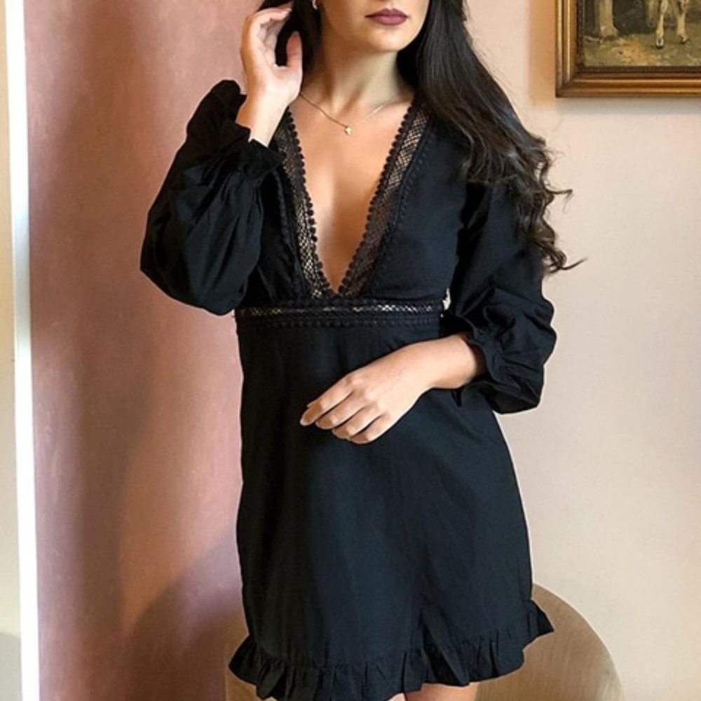 Plunging Neck Lace Ruffle Long Sleeve Mini Dress Black - Picture 2 of 12